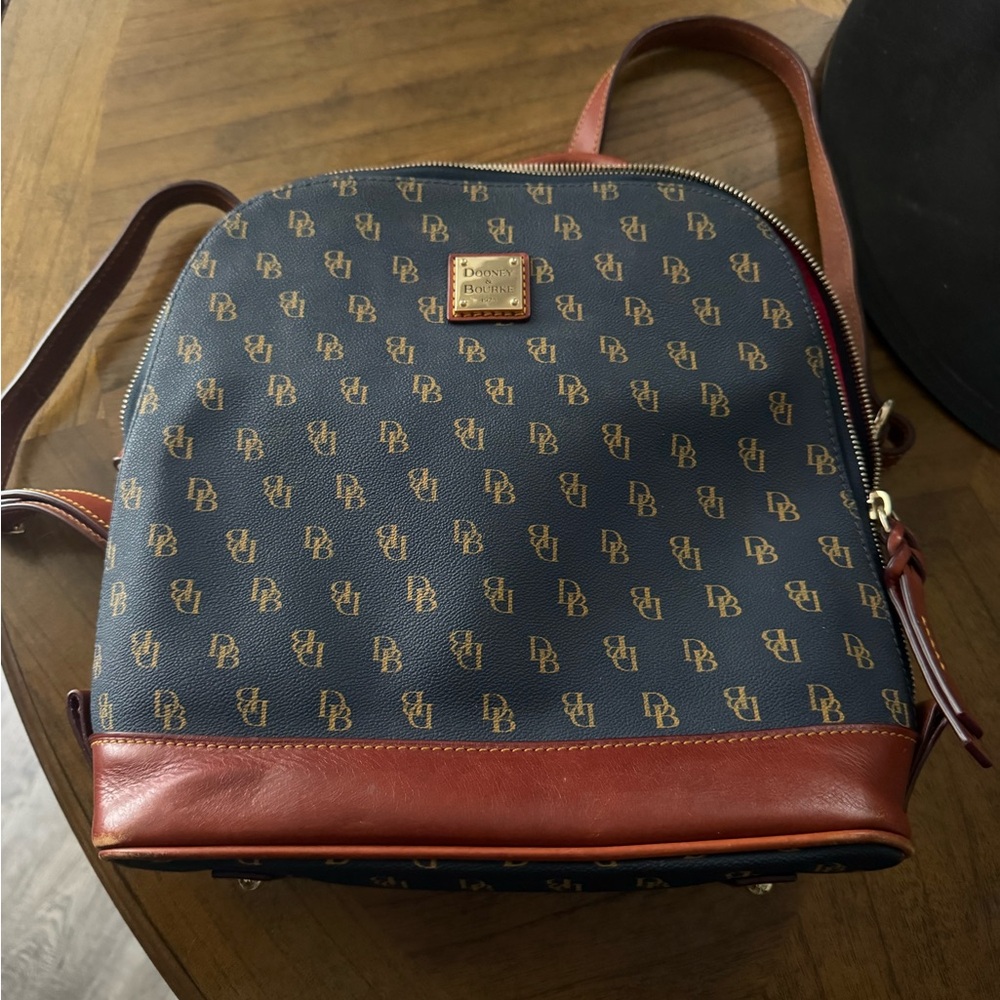 Dooney & Bourke Navy Monogram Backpack with Brown Leather Trim